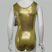 Pop Star Gymnastics Leotard, Silver Mystique Spandex with gold stars
