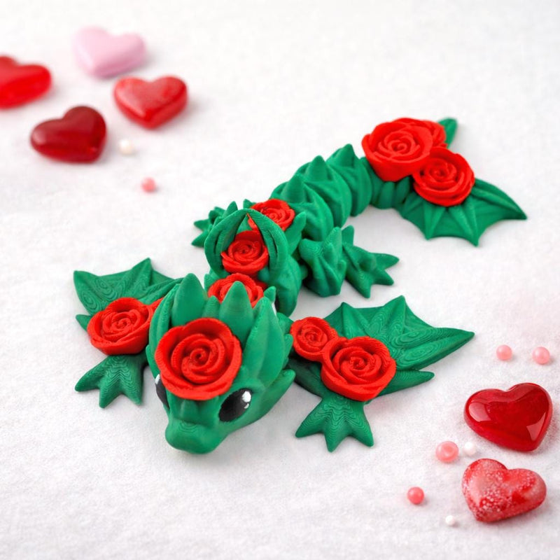 Rose Dragon Figurine – Valentine’s Day Dragon Gift, 3D Printed Floral Dragon, Cute Fantasy Creature, Romantic Rose Dragon Display