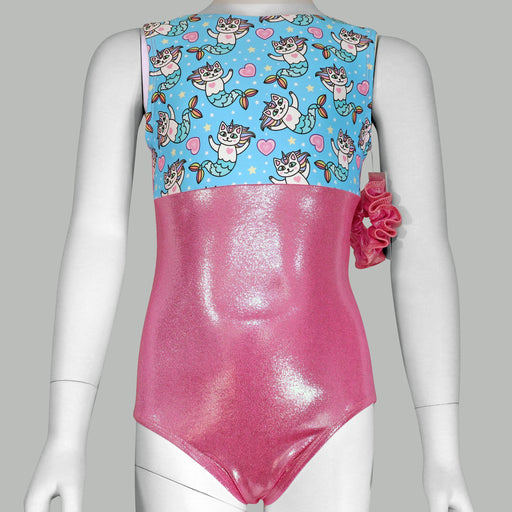 Caticorn Mermaid Gymnastics Leotard: Sparkly Cats Pink Dance or Gym Outfit with Scrunchie