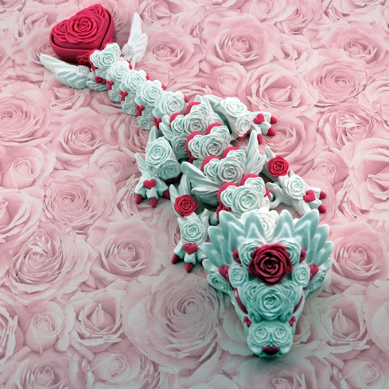 Rose Dragon Clicker – Valentine’s Day Gift, 3D Printed Articulated Floral Dragon, Cute Fantasy Fidget Creature, Romantic Rose Dragon Display