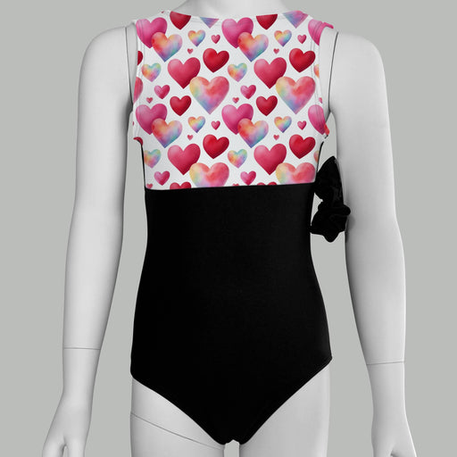 Watercolor Hearts Leotard - Valentine's Day Gymnastics Leotard with Scrunchie