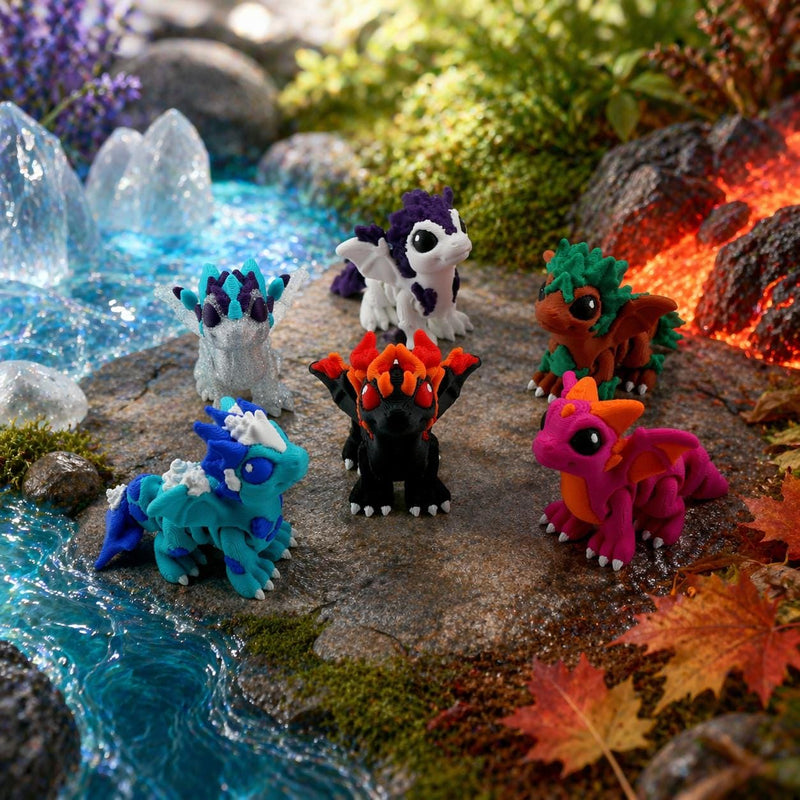 Elemental Dragon Hatchlings Set | 3D Printed Dragons | Fire Water Leaf Crystal Feather Classic Dragons | Fantasy Figurine Collection