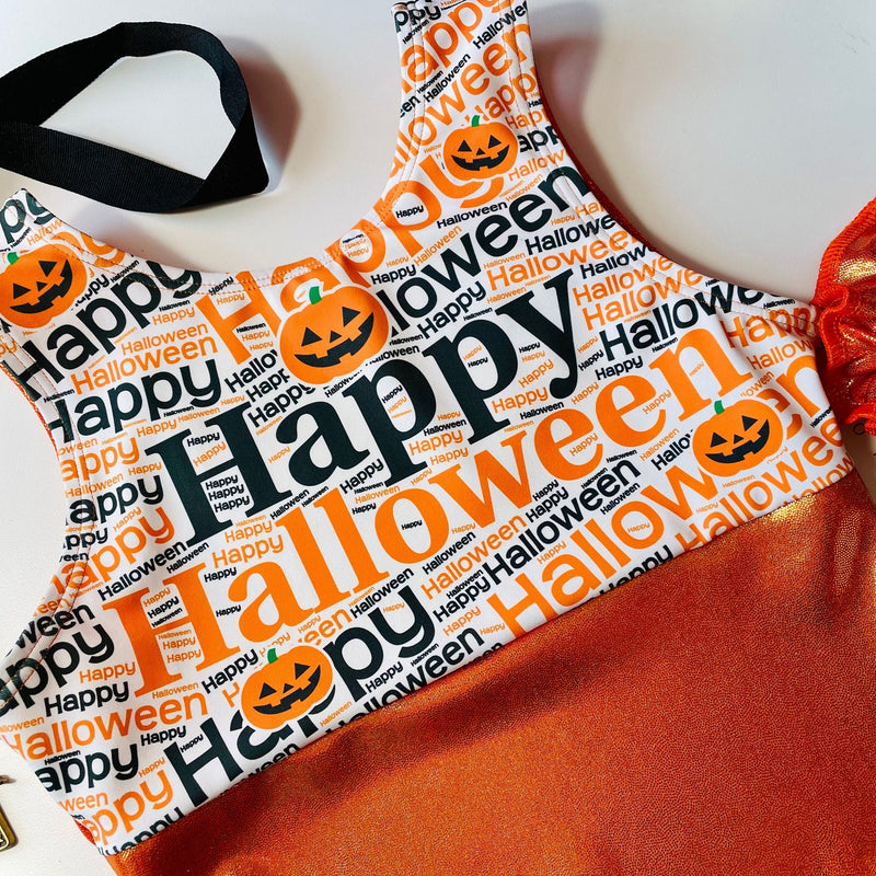 Happy Halloween Gymnastics Leotard Girls Toddlers Kids Teens Dance Ballet Costume Custom Bodysuit Orange Pumpkins Leo by AERO Leotards