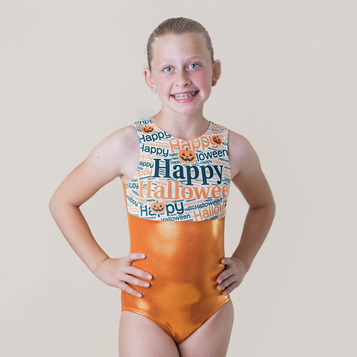 Happy Halloween Gymnastics Leotard Girls Toddlers Kids Teens Dance Ballet Costume Custom Bodysuit Orange Pumpkins Leo by AERO Leotards