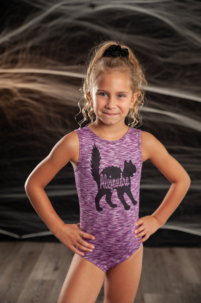 Halloween Personalized Gymnastics Leotard Girls Toddlers Kids Teens Dance Ballet Costume Custom Bodysuit Black Cat Leo by AERO Leotards