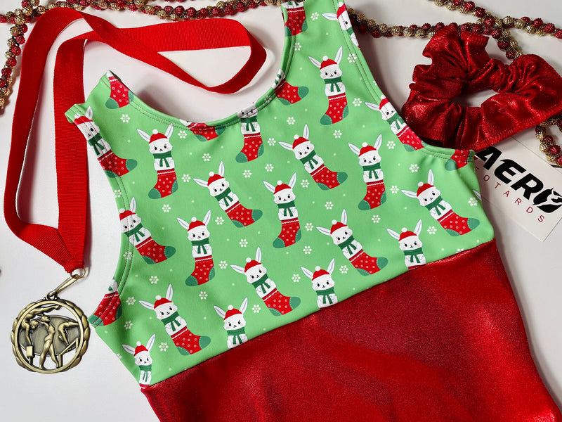 Christmas Bunnies Gymnastics Leotard Girls Toddler Kids Teen Dance Ballet Bodysuit Holiday Stocking Bunny Rabbits Leo by AERO Leotards