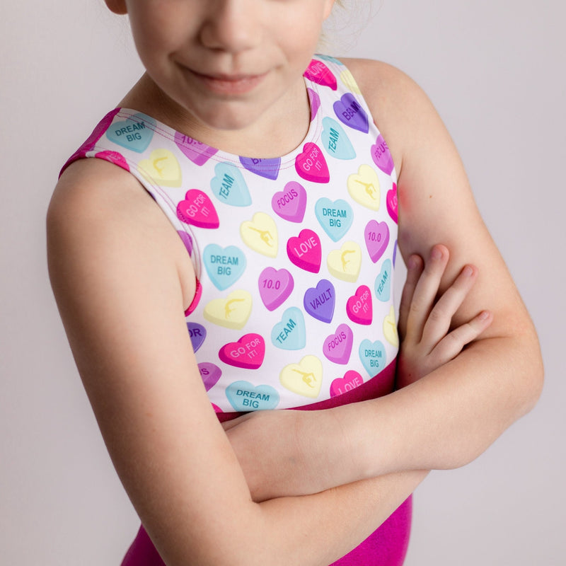 Valentine's Day Candy Hearts Gymnastics Leotard Girls Toddlers Kids Teen Dance Ballet Gymnastics Gifts Custom Bodysuit Leo by AERO Leotards