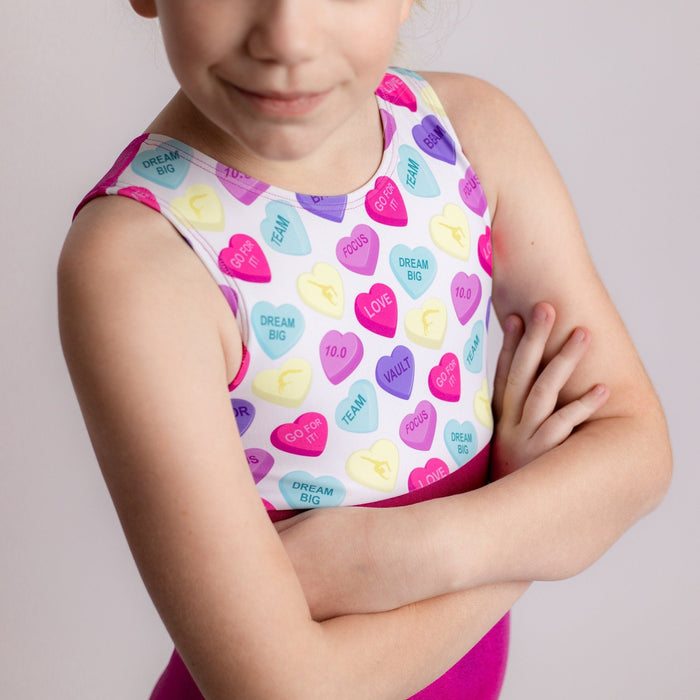 Valentine's Day Candy Hearts Gymnastics Leotard Girls Toddlers Kids Teen Dance Ballet Gymnastics Gifts Custom Bodysuit Leo by AERO Leotards